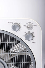 Box desk fan control panel with speed, timer, and on/off buttons, white housing