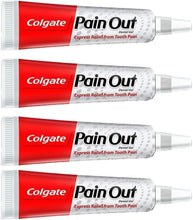 Four Colgate PainOut dental gel tubes, red-and-white, with flip-top applicator