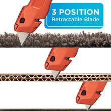 Orange retractable utility knife cutting carpet with 3-position blade