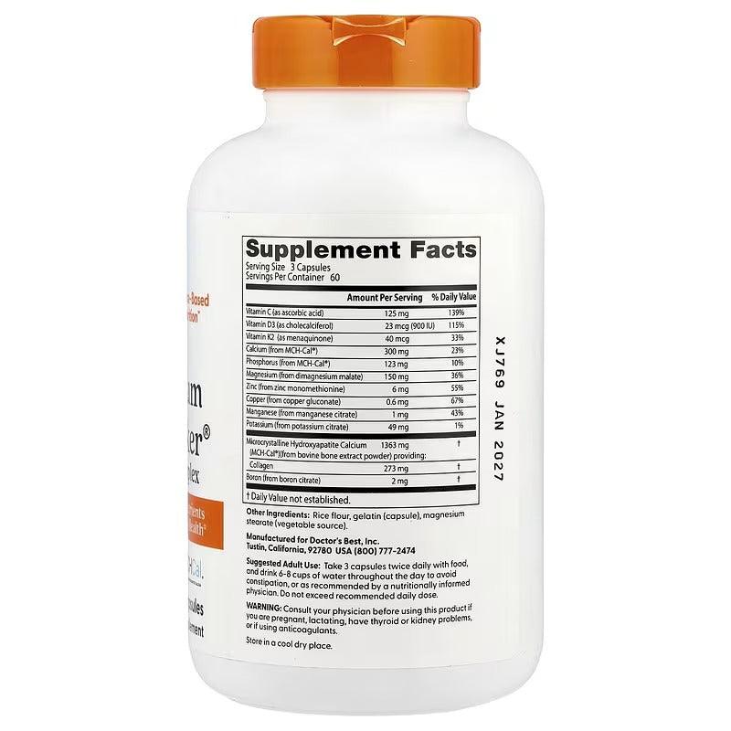 Calcium Bone Maker supplement bottle with orange cap, Supplement Facts panel on back