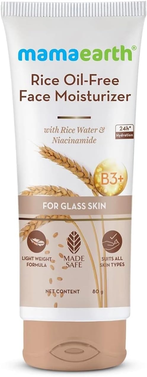Mamaearth Rice Gel Oil-Free Face Moisturizer With Rice Water, Niacinamide & Aloe Vera | Brightens, Smoothens & Glass like Skin Glow | Lightweight, Non-Sticky & 24-Hour Hydration, for dwey finish, 80g