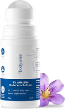Underarm roll-on bottle, white and blue label, 50 ml cap and purple flower