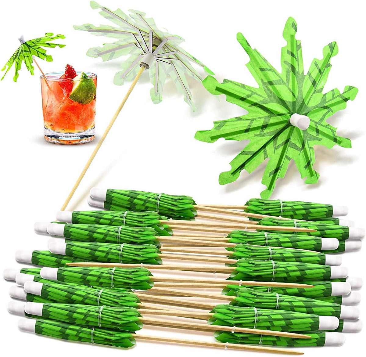 ELECDON Toothpicks Paper Umbrellas Tropical Coconut Palm Tree Bamboo Toothpicks Handmade Cocktail Parasol Sticks for Cocktail Decorations Hawaii Party Decoration 50 Pieces Green