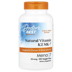 Vitamin K2 MK-7 supplement bottle, MenaQ7 45 mcg, 180 veggie caps, orange cap