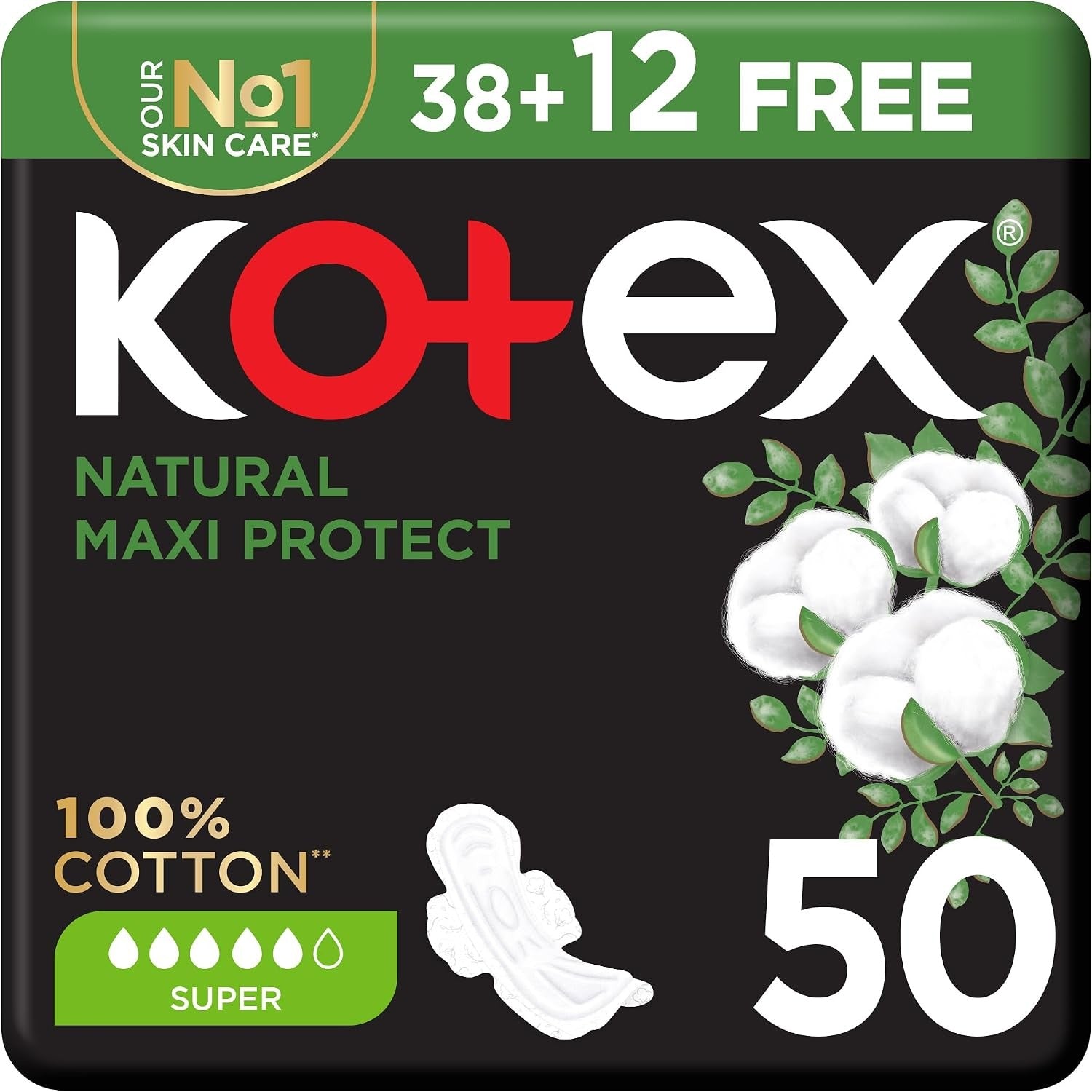 Kotex Natural Maxi Protect super thick maxi pads, 50 count, with wings, 100% cotton.