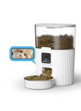 White automatic pet feeder with camera and food bowl, large hopper container