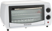 White toaster oven with double glass door and control knobs on the right.