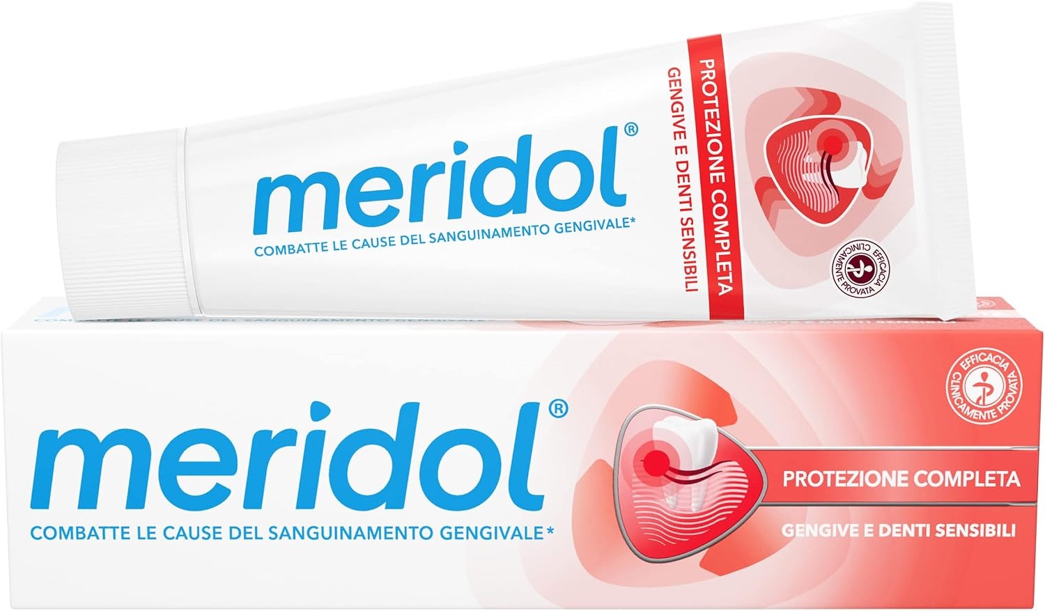 Meridol toothpaste in a white and red squeeze tube with red protective graphic