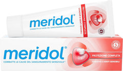 Meridol toothpaste in a white and red squeeze tube with red protective graphic