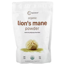 Organic lion's mane powder pouch, white with front label and tan mushroom image.