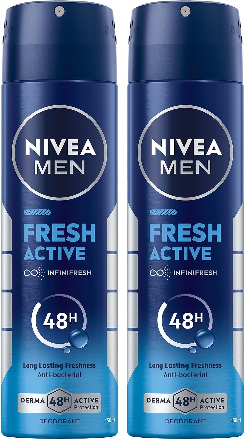 NIVEA MEN Antibacterial Deodorant Spray for Men, Fresh Active, 48H Active Protection, with Infini Fresh Formula, Long-Lasting Freshness, 2x150ml, Dual Pack