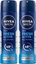 NIVEA MEN Fresh Active antibacterial deodorant spray dual pack, two blue cans, 150 ml each