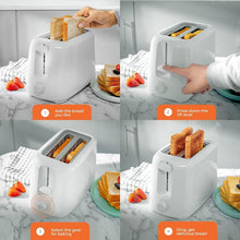 2-slice toaster showing bread being placed into wide toasting slots
