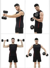 Black hex dumbbells in a training grip, shown from multiple angles