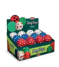 Assorted colorful spiked dog toy balls in retail display box