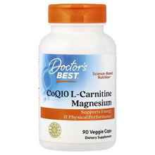 Supplement bottle with orange cap, blue front label, CoQ10 L-Carnitine magnesium, 90 caps