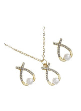 Gold-tone alloy necklace and earrings set with crystals and pearl drops, cross design.