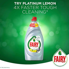 Fairy Platinum Lemon dishwashing liquid bottle, red cap, 600 ml, green logo label