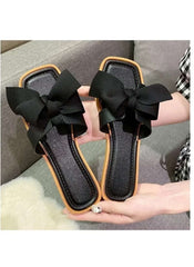 Huitich black fairy style wedge sandals with large bows and cushioned footbed
