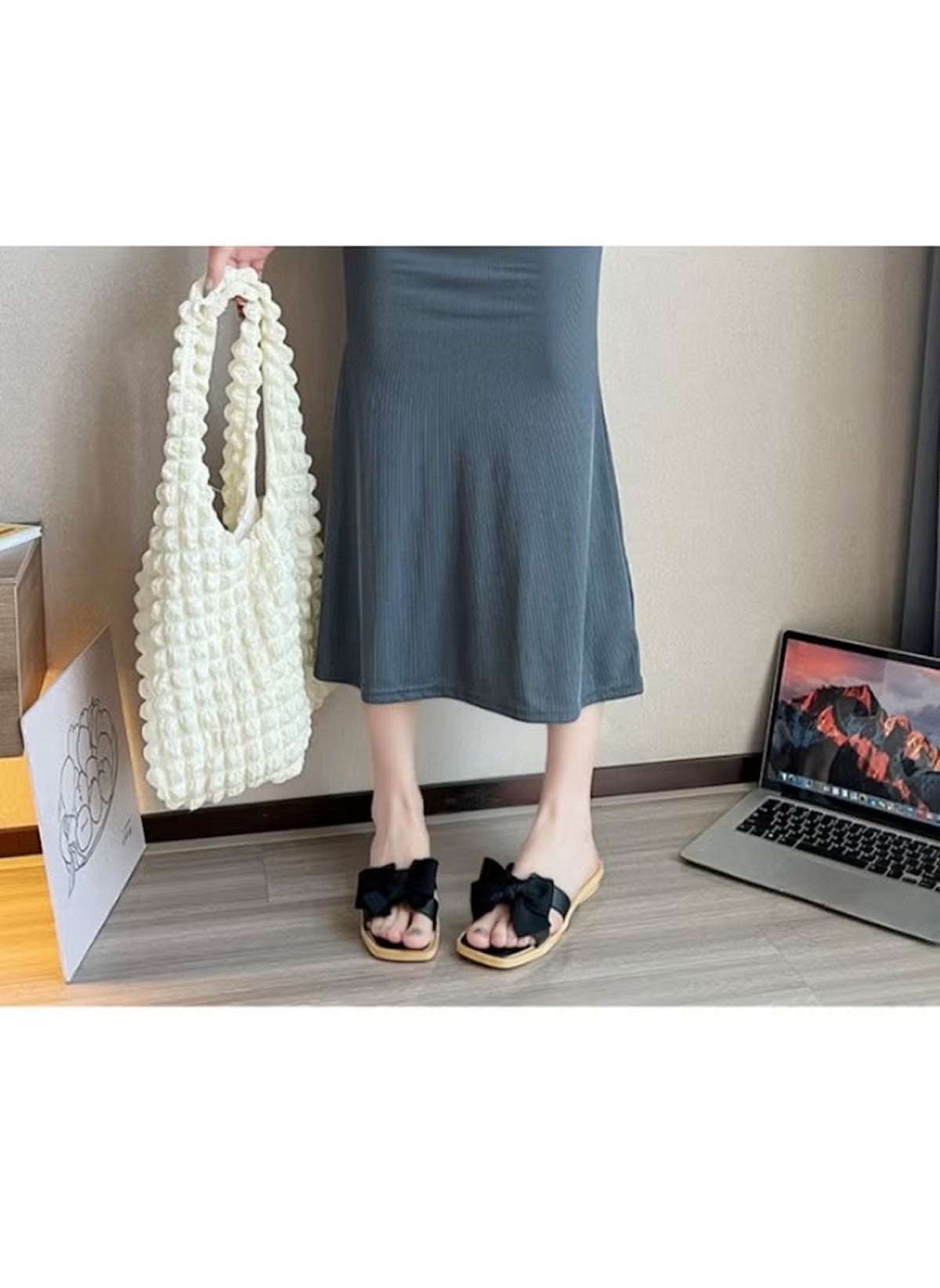 Huitich fairy style wedge sandals in black with bow detail worn with gray dress