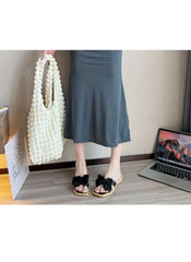 Huitich fairy style wedge sandals in black with bow detail worn with gray dress