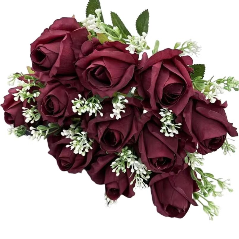 Huitich artificial flowers deep red fake rose bouquet for home decor with green leaves and white accents