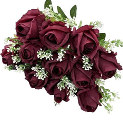 Huitich artificial flowers deep red fake rose bouquet for home decor with green leaves and white accents