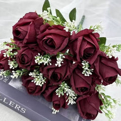 Huitich artificial deep red rose bouquet with green leaves and white accents fake rose bouquet for home decor