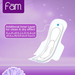 Fam classic sanitary pads 40 pack showing white winged pad with additional inner layer callout on purple background