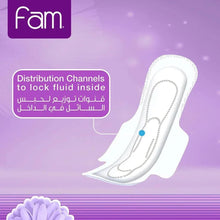Winged sanitary pad illustration with fluid-lock channels on purple cover art