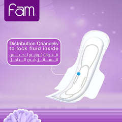 Fam classic sanitary pads 40 pack illustrated white pad with distribution channels to lock fluid and wings on purple background