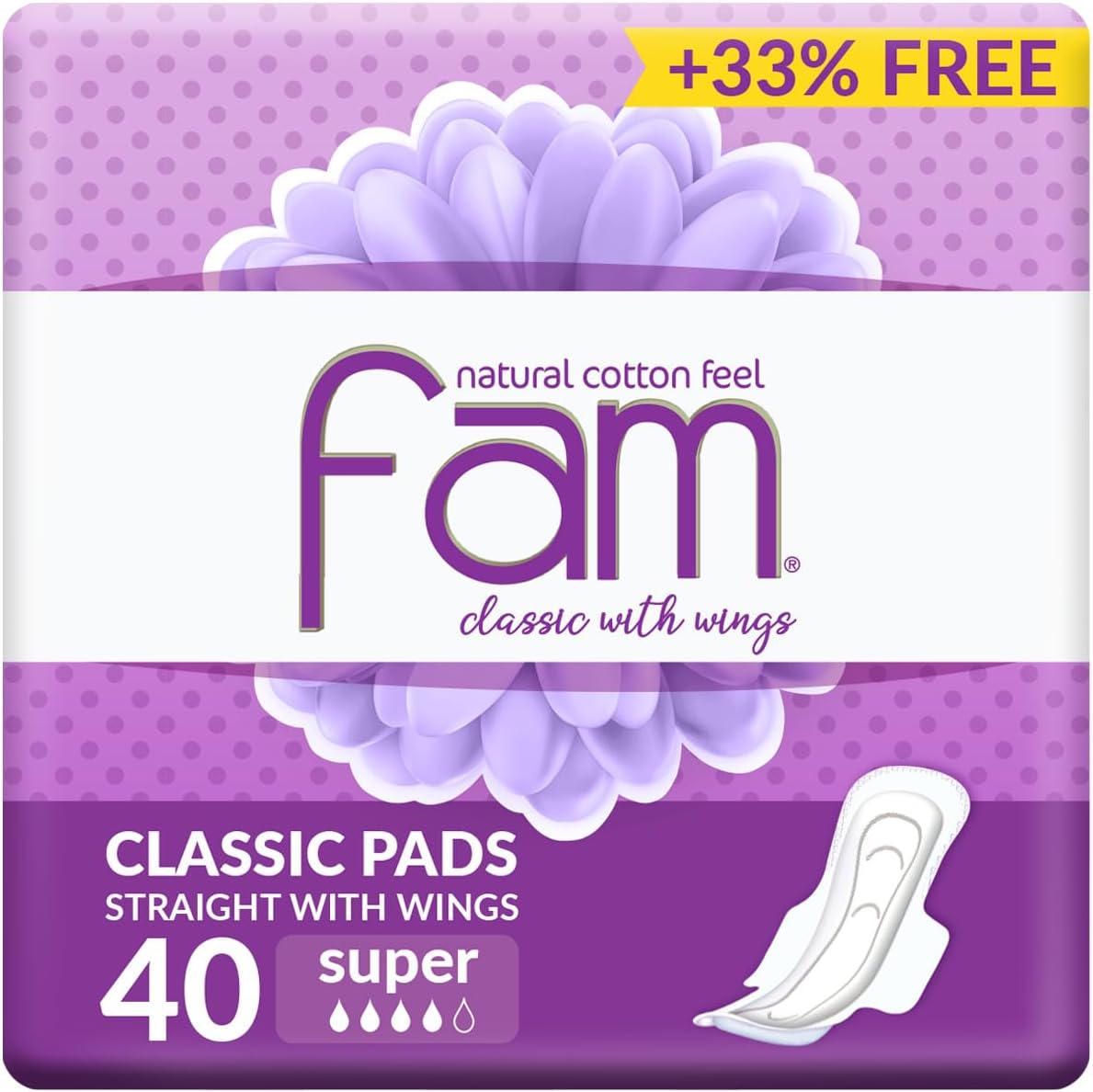 Fam classic sanitary pads 40 pack purple packaging classic pads straight with wings super absorbency
