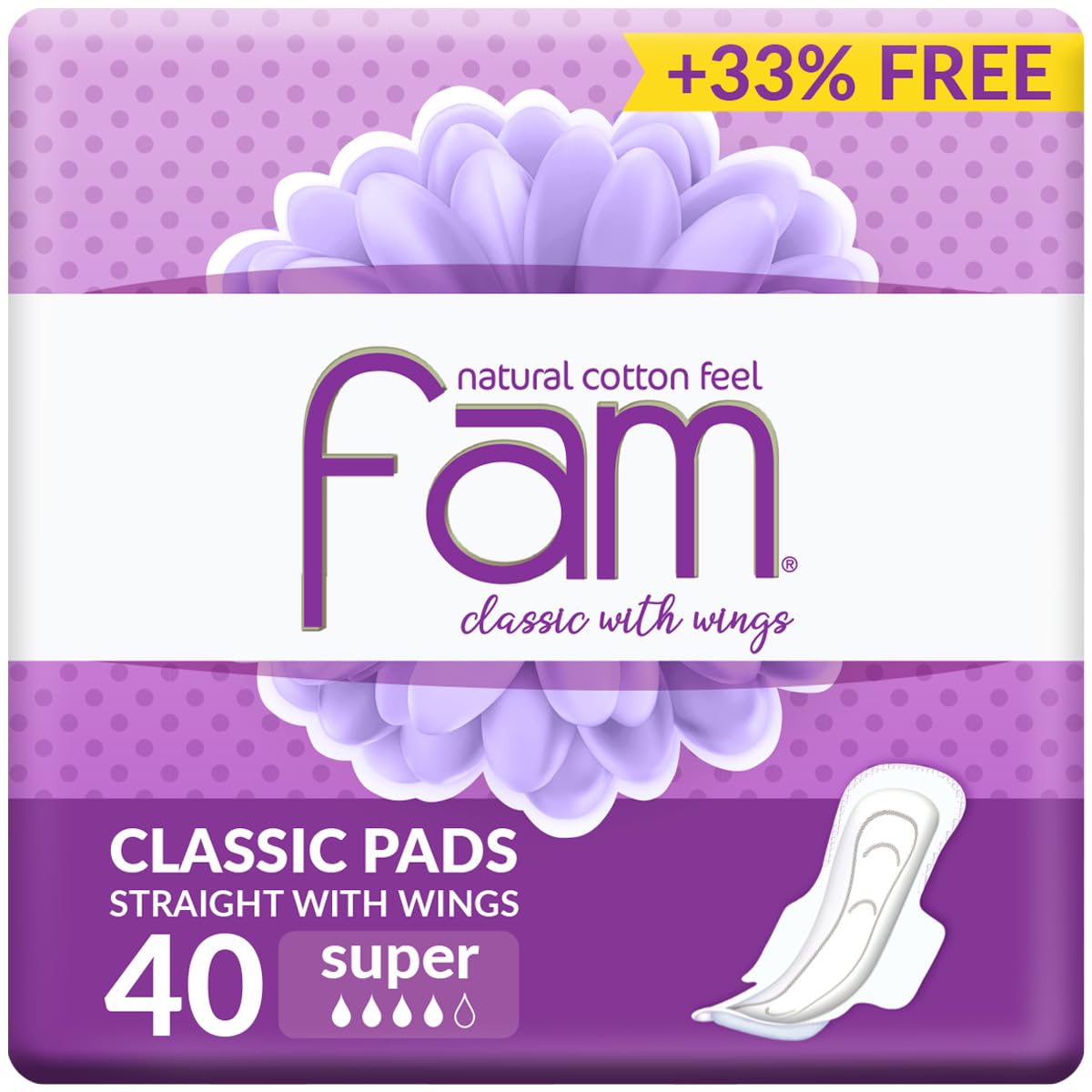 Purple Fam Protect packaging of Fam classic sanitary pads 40 pack super absorbent with wings
