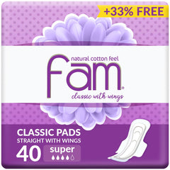 Purple Fam Protect packaging of Fam classic sanitary pads 40 pack super absorbent with wings
