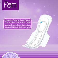 Fam classic sanitary pads 40 pack purple packaging with Fam logo and single natural cotton feel pad illustration