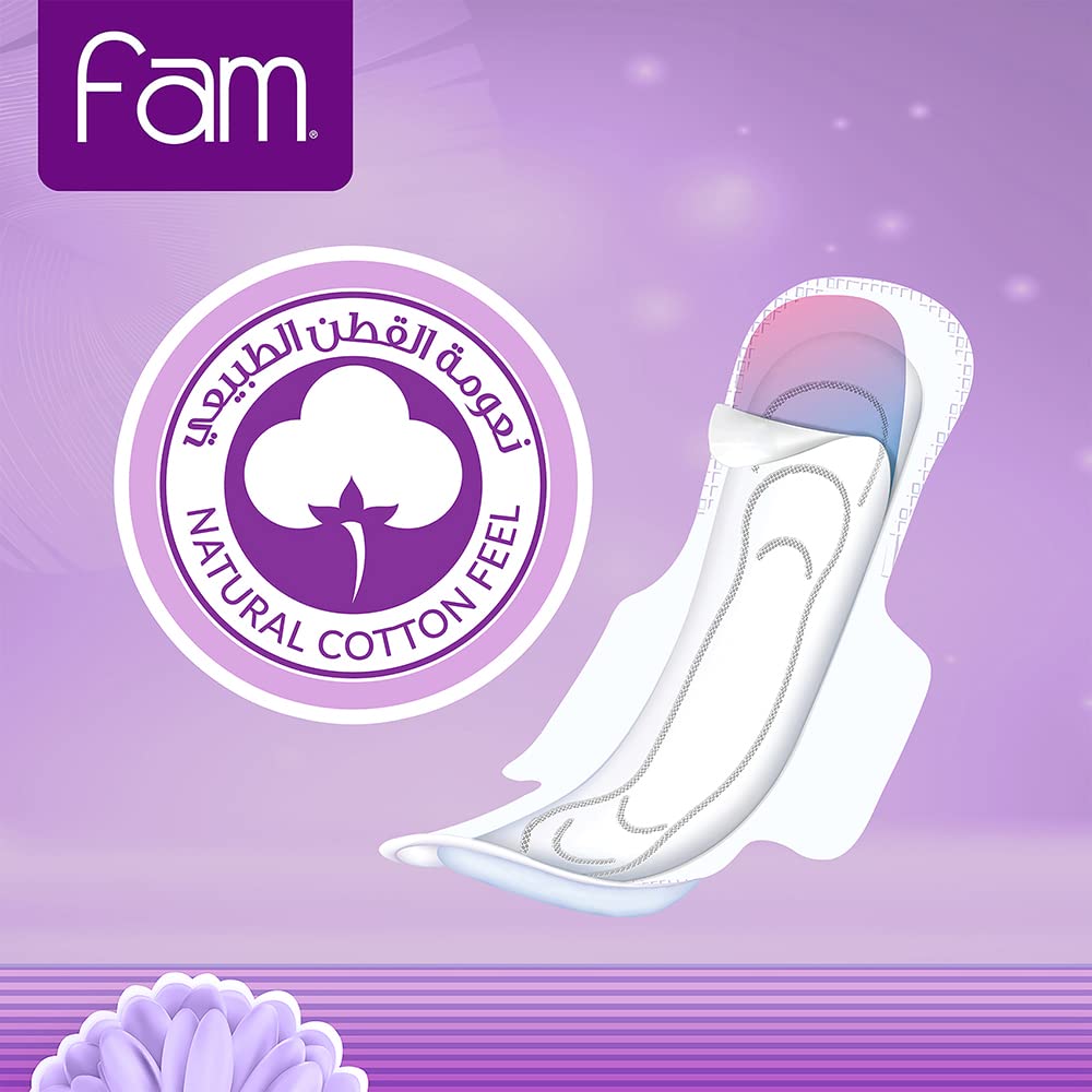 Fam classic sanitary pads 40 pack showing single white winged pad with Fam logo and natural cotton feel badge on purple background