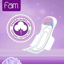Natural cotton feel emblem next to winged sanitary pad illustration on purple cover art