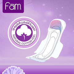 Fam classic sanitary pads 40 pack showing single white winged pad with Fam logo and natural cotton feel badge on purple background