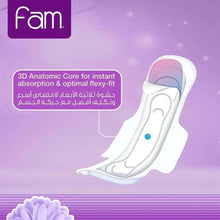 Maxi sanitary pad illustration with 3D anatomic core absorption and flex-fit callout.