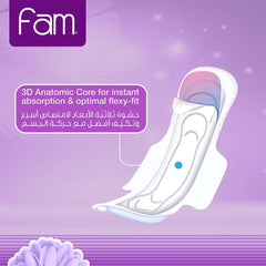 FAM Protect folded sanitary pads 50 pack packaging showing a white anatomically shaped pad with wings and 3D core on purple