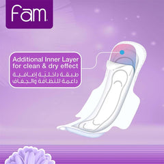 FAM Protect folded sanitary pads 50 pack showing white sanitary pad with wings and additional inner layer on purple background