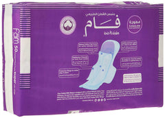 Purple pack of FAM Protect folded sanitary pads 50 pack. showing pad diagram and product features on packaging