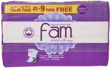 Purple sanitary pad pack with 50 maxi folded wings, thick super absorbent pads.