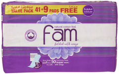 FAM Protect folded sanitary pads 50 pack purple value pack folded with wings natural cotton feel