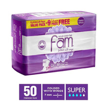 Purple maxi sanitary pad pack, 50 pads, folded wings and value pack 41+9 free.
