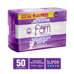 FAM Protect folded sanitary pads 50 pack purple value pack with wings folded 7mm super absorbency