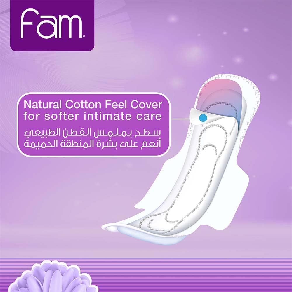 FAM Protect folded sanitary pads 50 pack illustrated white sanitary pad on purple background with natural cotton feel cover