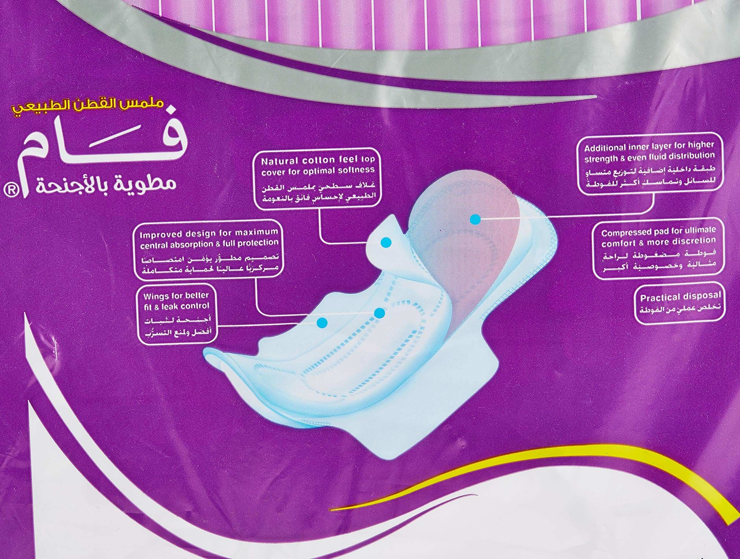 Purple packaging showing diagram of sanitary pad features and brand name FAM Protect folded sanitary pads 50 pack