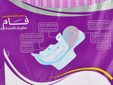 Purple sanitary pads pack back panel with pad diagram and feature callouts.