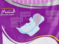 Purple packaging showing diagram of sanitary pad features and brand name FAM Protect folded sanitary pads 50 pack